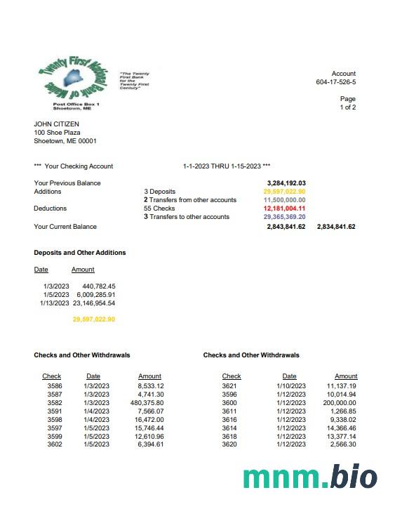 USA Twenty First National Bank of Maine oświadczenie bankowe słowo i szablon PDF, 2 strony scr